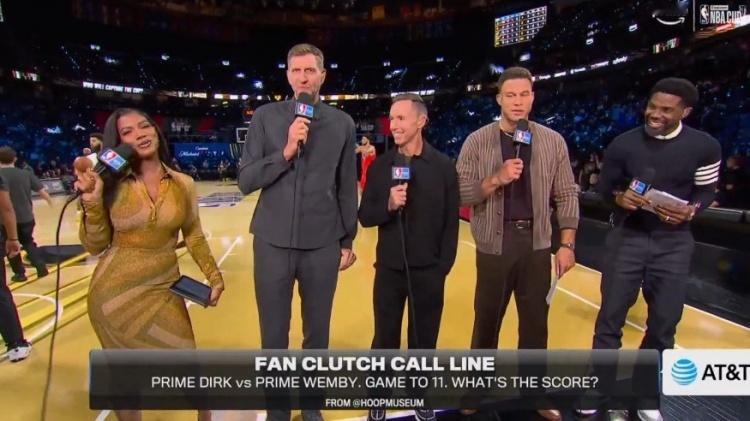 诺天王还是谦虚了一点，解说嘉宾诺维茨基被问及若自己和文班亚马一对一谁能赢。诺维茨