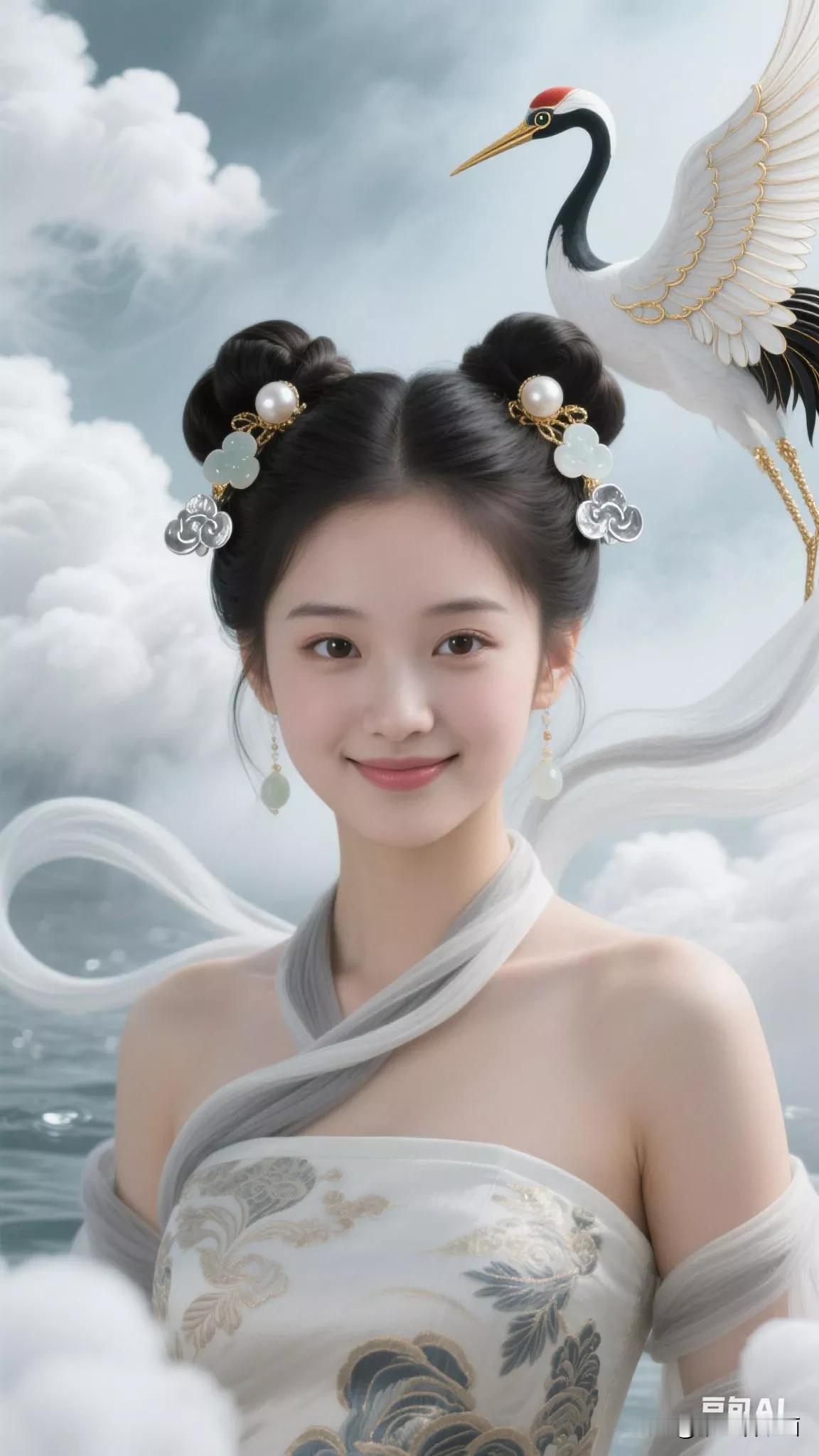 仙气飘飘的古典美人，搭配优雅的鹤鸟，宛如画中仙境。张立启原创书画AI作品古仕女发