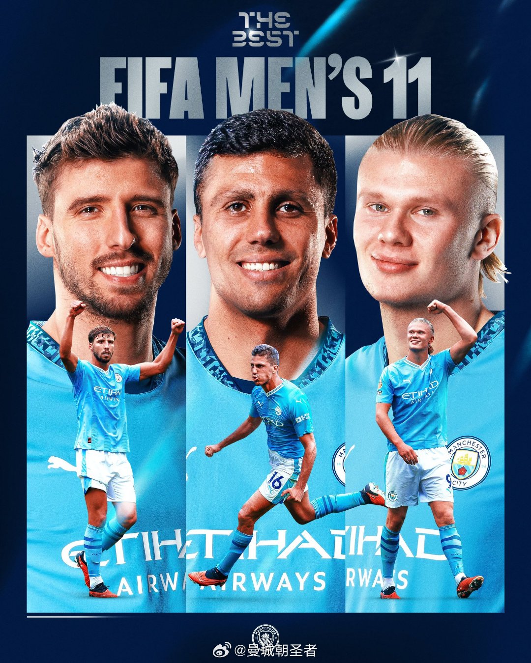 曼城[超话] 鲁本迪亚斯、罗德里和埃尔林哈兰德入选FIFA年度最佳11人！ 