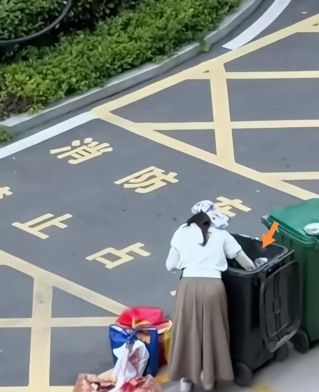 目前城市中的真实缩影，一位穿着干净讲究的大姐年龄约40岁，伸手熟练的翻垃圾桶的废
