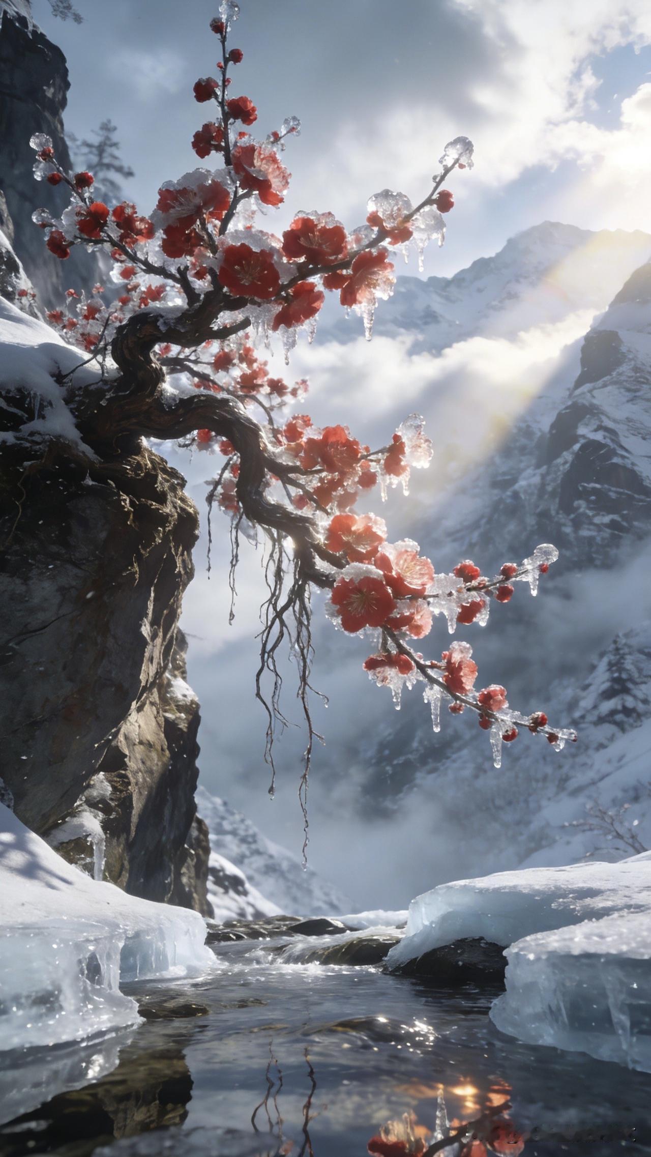 谁说文弱不敌凛冬寒？偏要在三九的冰天雪地里，活成一枝不肯低头的梅。

三九冰上走