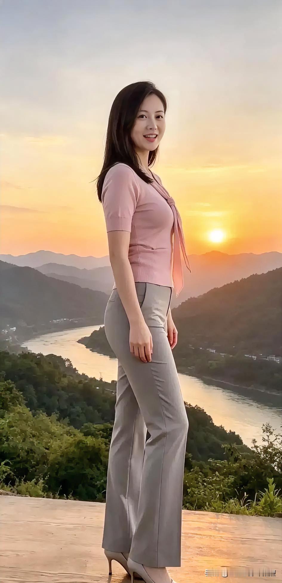 落日熔金，远山含黛，她静立于霞光水色间。一袭柔粉与浅灰交织，身姿挺拔如诗。微风拂