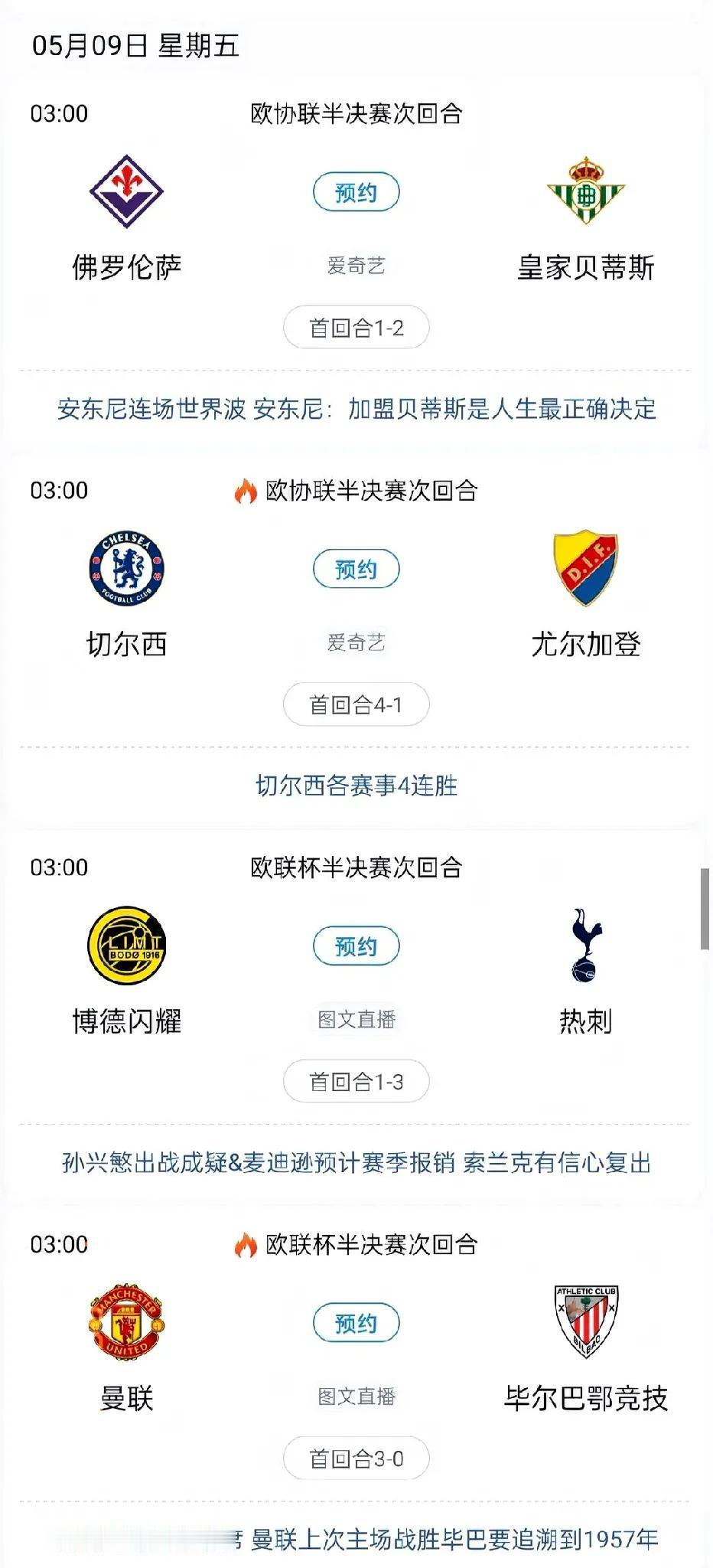 欧联杯半决赛次回合赛事预告：佛罗伦萨vs皇家贝蒂斯，切尔西vs尤尔加登，博德闪耀