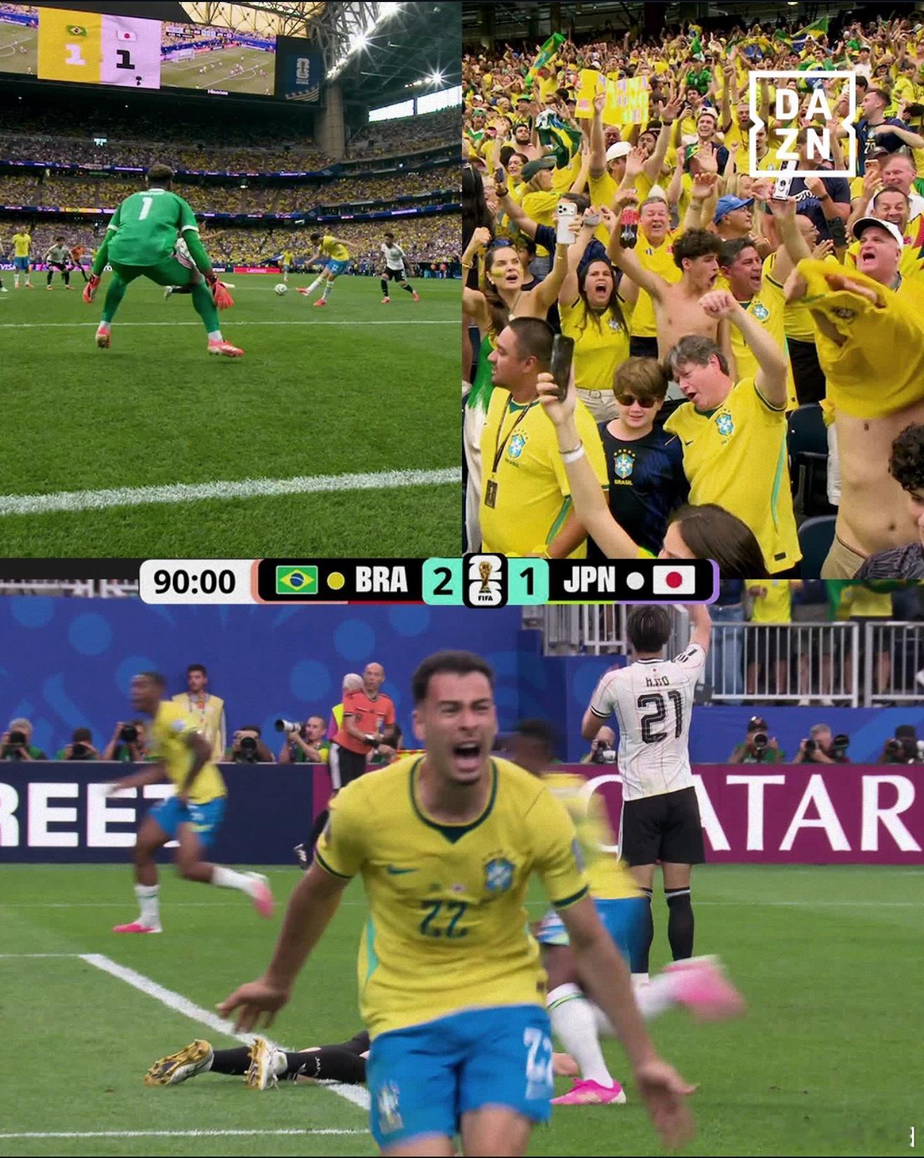 巴西vs日本巴西第96分钟完成绝杀！马丁内利！2比1！世界杯