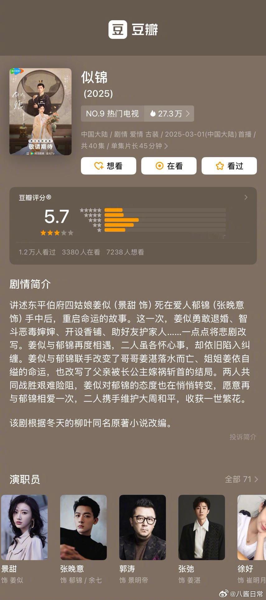 景甜、张晚意《似锦》豆瓣开分5.7分 ​​​