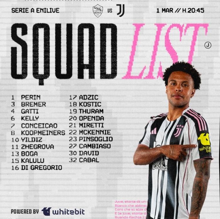 意甲第27轮斑马军团客场大战罗马21人名单，洛卡特利累计黄牌停赛，坎比亚索回归。