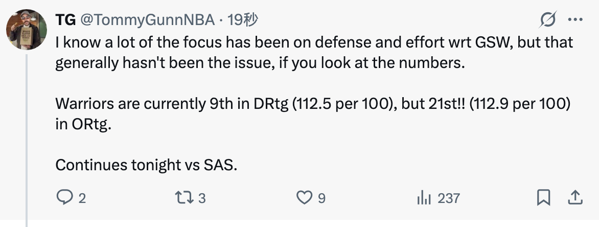 刚刷到的：我知道很多人关注的重点是勇士队的防守和努力程度，但如果你看数据的话，这