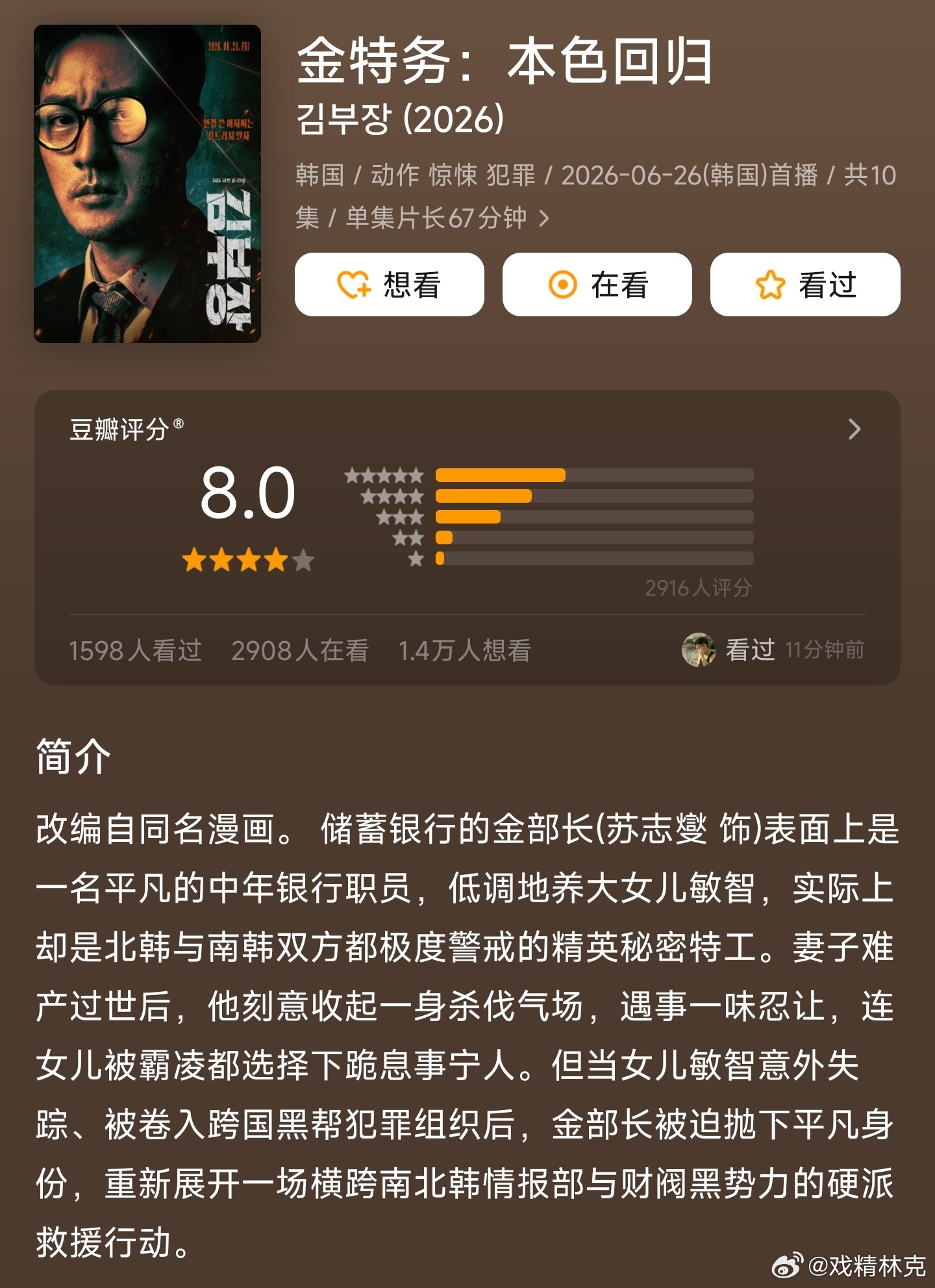 韩剧收视率爆了一部冲击史冠的，有看了的吗？SBS《金特务：本色回归》收视率推移：