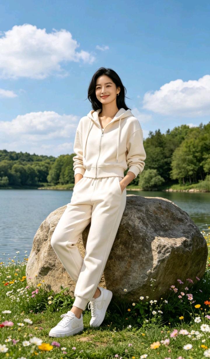 阳光明媚，坐在湖边石头上，好惬意！