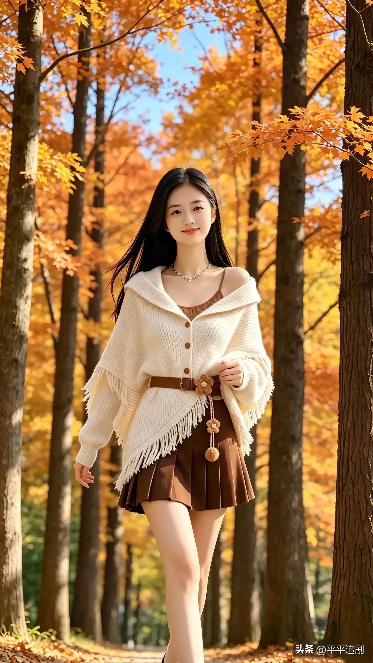 赴一场枫林之约，把秋天穿在身上。
深秋美照 秋景少女照