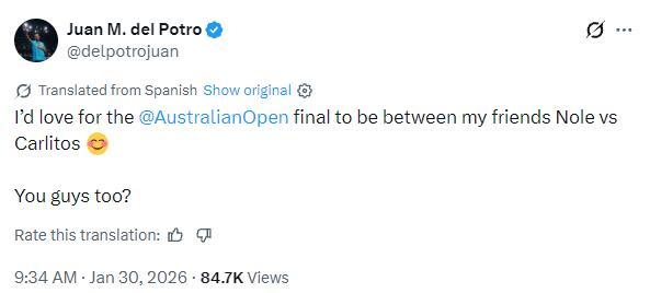 澳网半决赛前来自小德好友大师兄德尔波特罗的美好祝愿