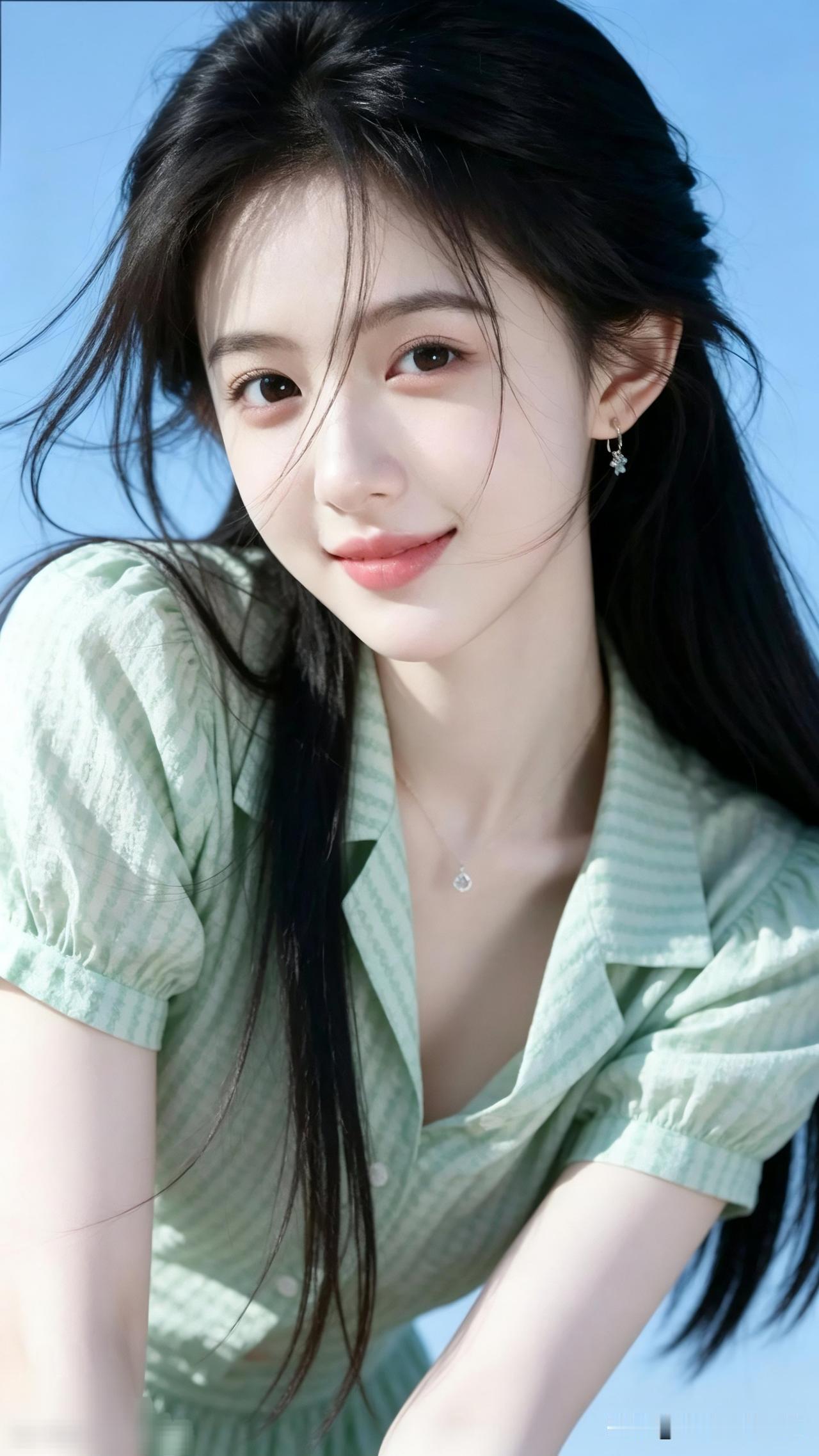 清新夏日穿搭，绿条纹衬衫搭配珍珠耳环，元气满满！🌞👗💎