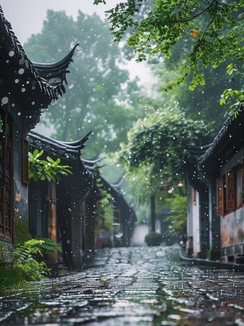 七律.端阳雨游古街

细雨霏霏锁翠微，
清溪绕石板桥依。
行人步履匆匆过，
俗眼