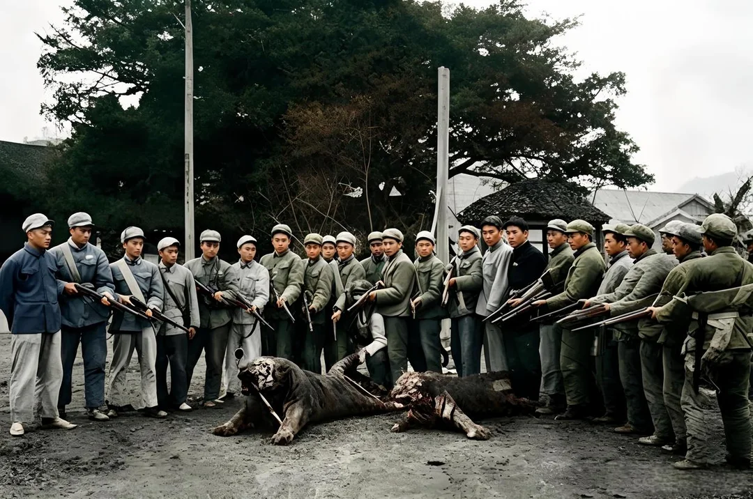 这是1956年福建厦门地区组建的一支打虎队猎获了大老虎。其中最大的老虎...
