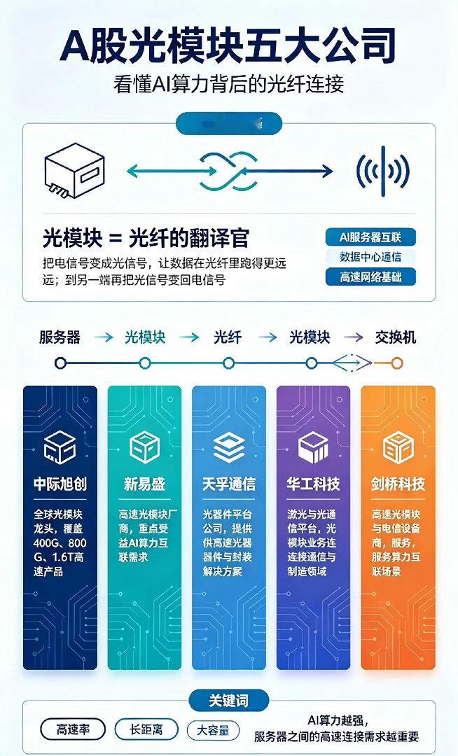A股光模块五大公司1. 中际旭创：全球光模块龙头，高端产品覆盖 400G、800