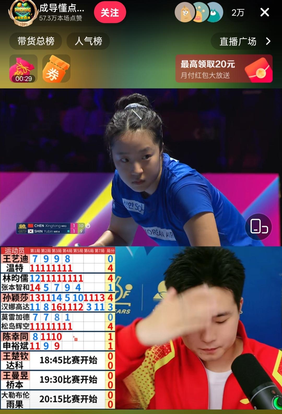 陈幸同对战申裕斌，被轰了个0分，太让人费解了！
一比一平后，第3局申裕斌好专注，