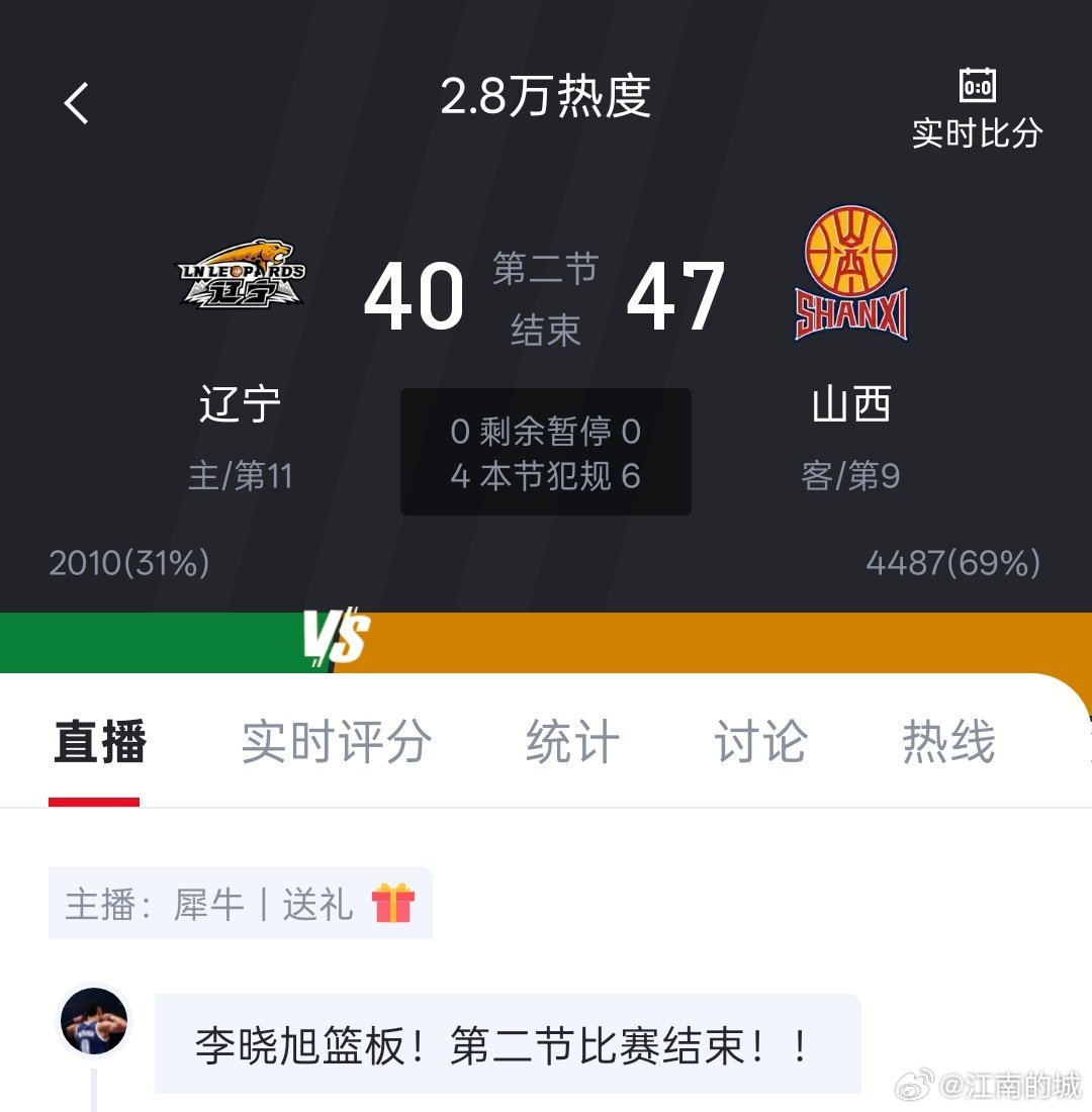 半场结束，辽宁本钢落后山西汾酒七分。cba