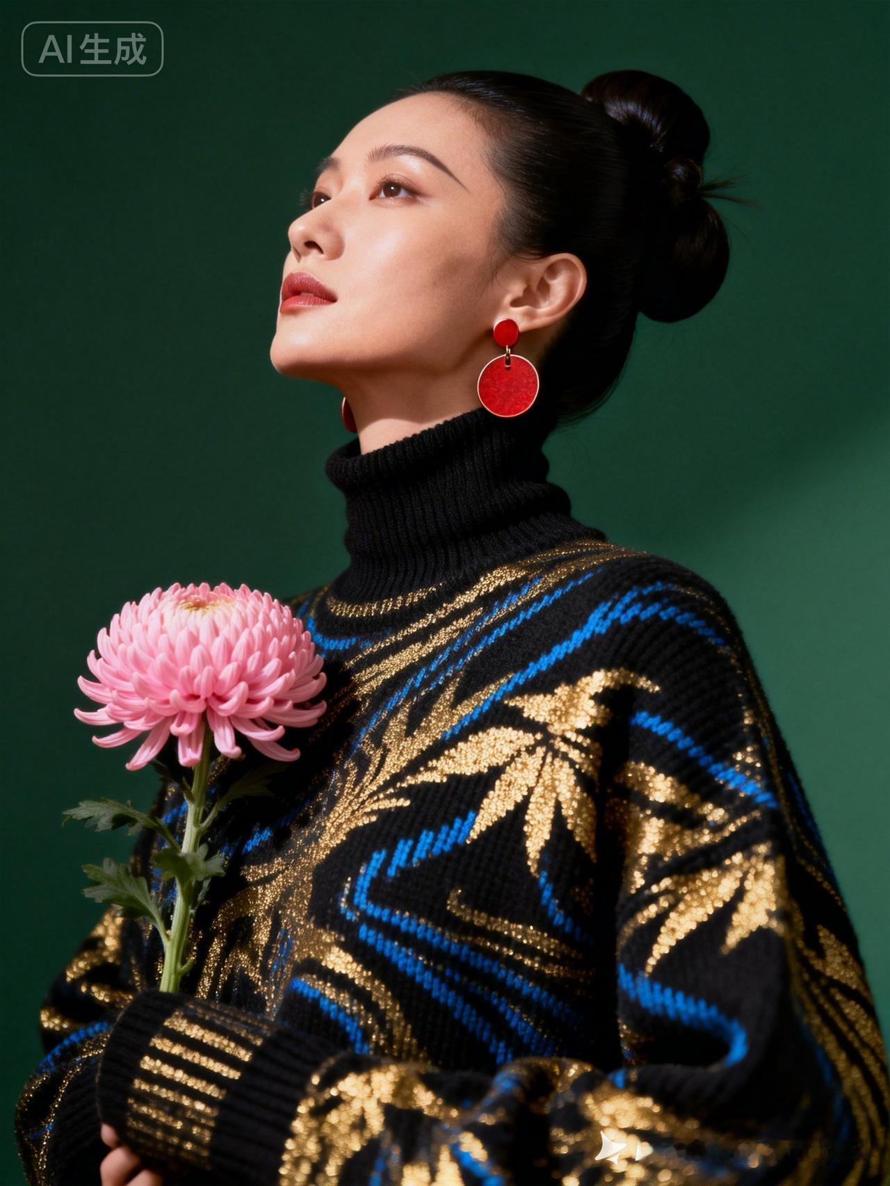 优雅红耳环，惊艳黑金毛衣，粉色花束，完美搭配！
