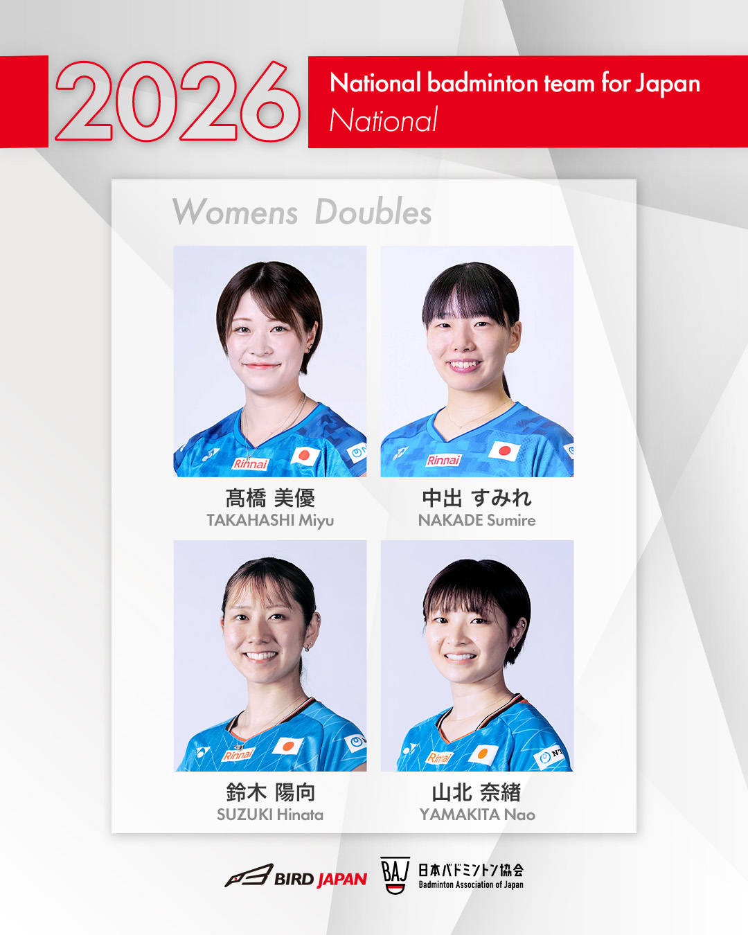 高桥美优/中出堇、铃木阳向/山北奈绪两对女双正式晋升日羽国家队羽毛球[超话] ​