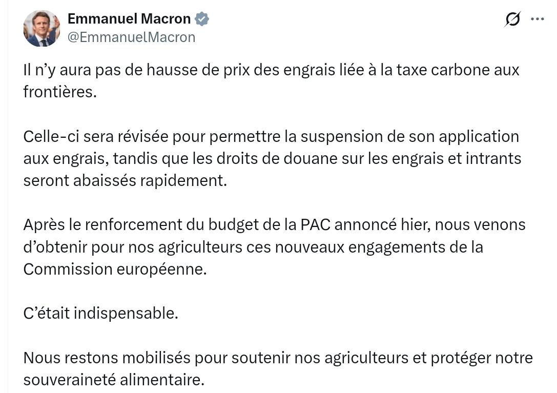 法国总统马克龙：不会因边境碳税而导致化肥价格上涨。该税将被修订，以允许暂停对其在