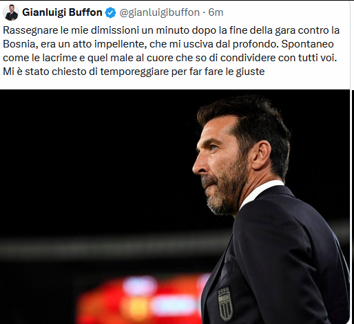 布冯也发长文宣布辞去国家队职务了 