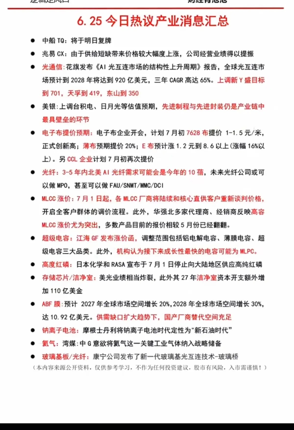 6.25周四  晚间：财经热点+信息汇总！1.算电协同2.电子布再次调价3.光纤