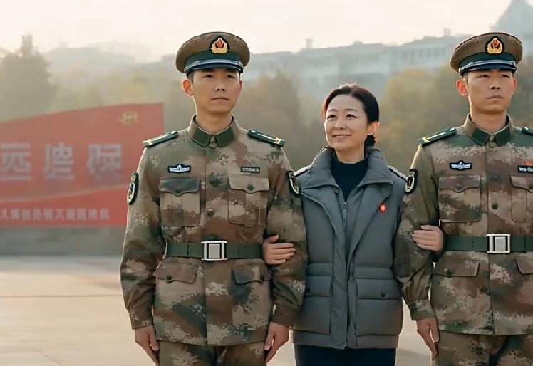 这是母亲和双胞胎儿子的合影照片。
      双胞胎兄弟一身戎装，威武霸气。母亲