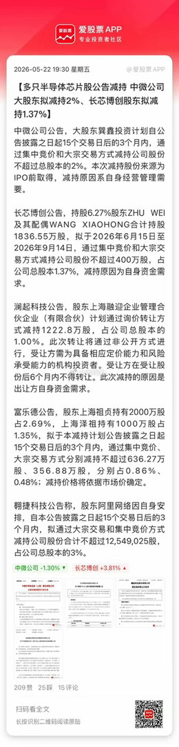 科技股大牛市背后，是大股东们在加速减持套现！今晚就有很多家，中微公司大股东拟减持