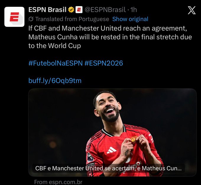 【澄清消息】ESPN巴西的原话是如果巴西足协和曼联达成协议，库尼亚将在世界杯前轮