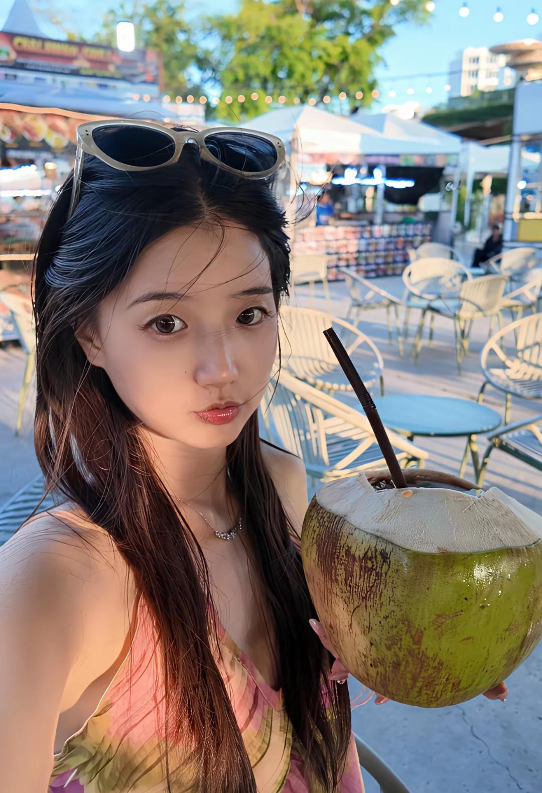 在户外喝椰子水，阳光明媚。