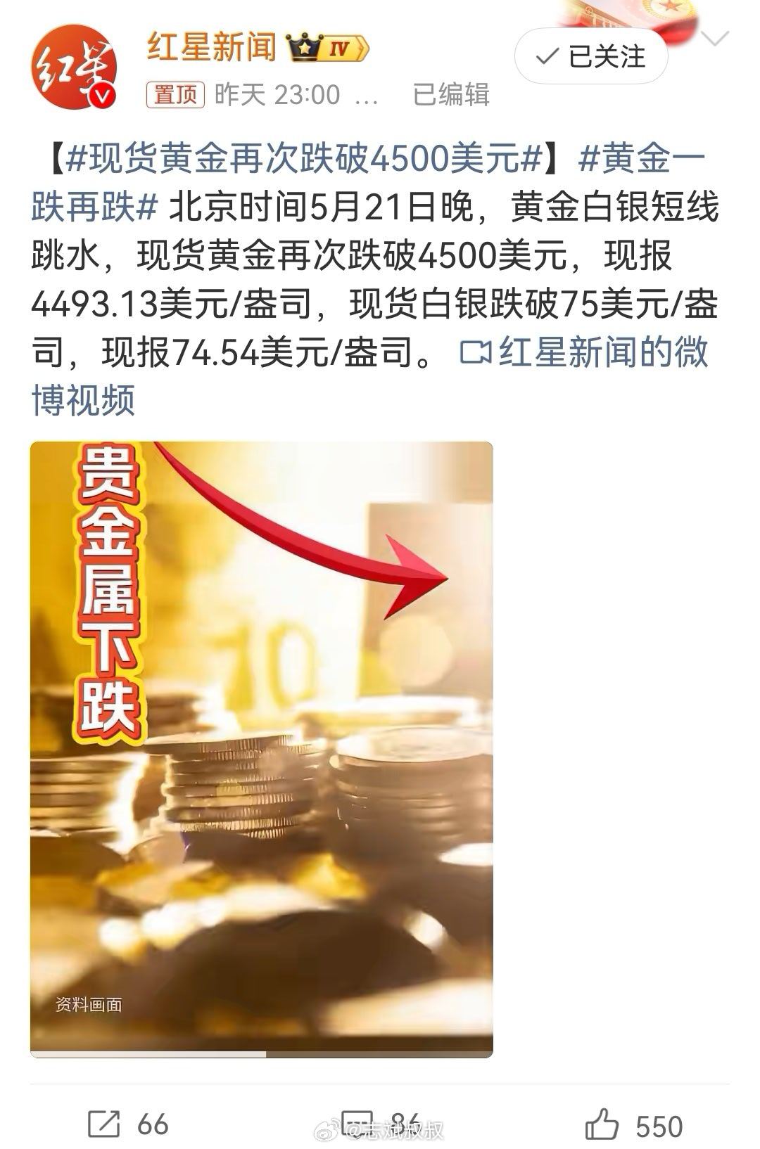 黄金一跌再跌局势稳定了，不打仗的话，钱自然就不用在黄金白银里面避险。接下来说不定