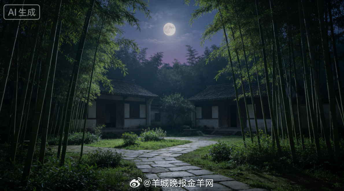 #晚安# 淡淡月光穿过成片翠竹，落满空旷小院，晚风消去白日暑气，竹叶轻摇沙沙作响