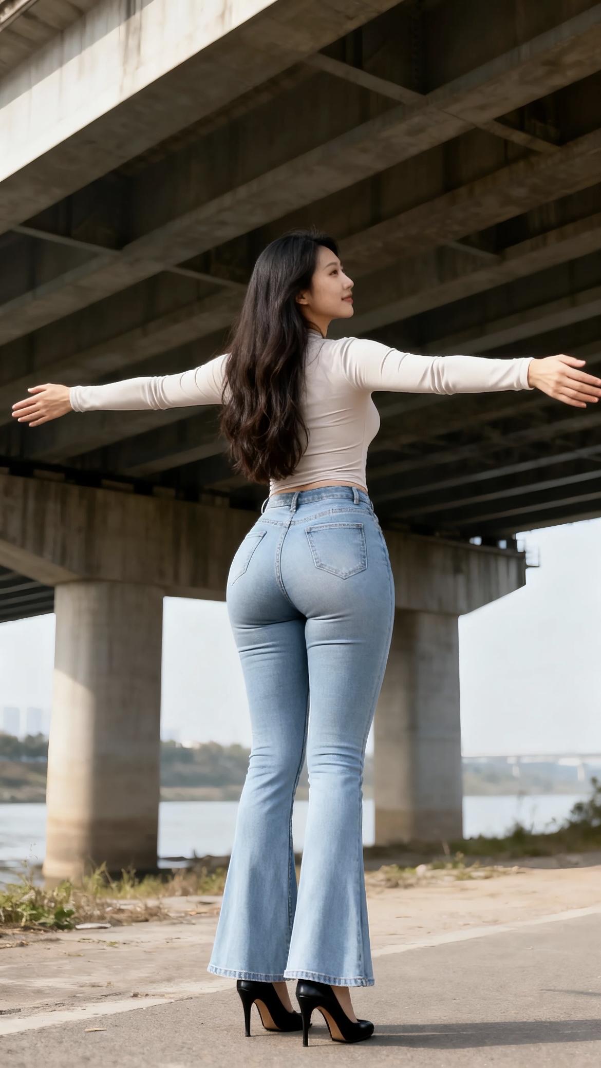 清透的天光穿过桥梁的钢架，混凝土的梁柱凝着工业的硬朗肌理，桥底的阴影与日光的亮面