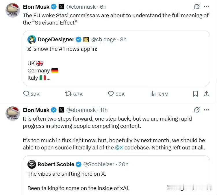 马斯克：

“欧盟那些觉醒派(woke)的斯塔西政委们，马上就要深刻体会到什么叫