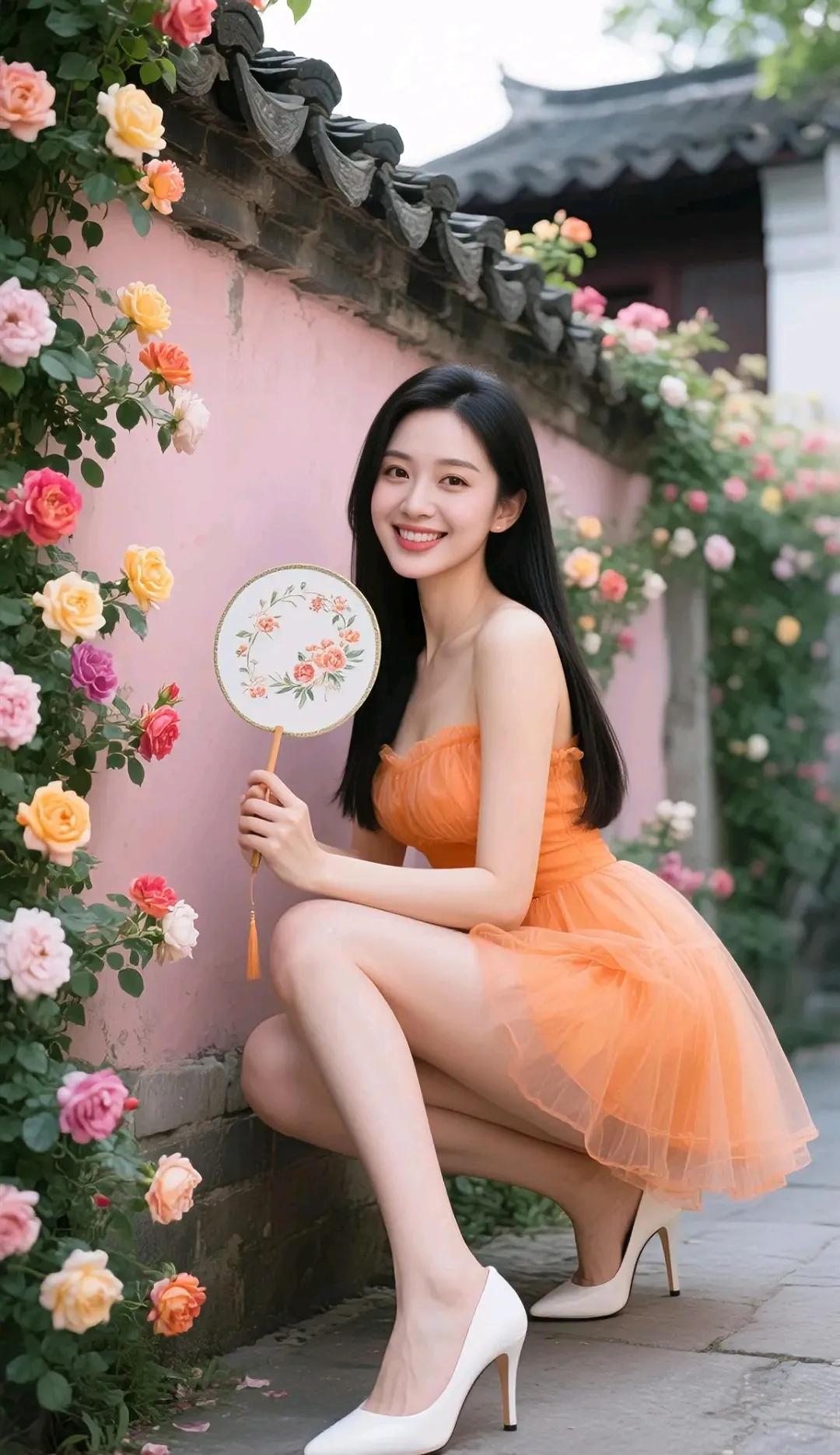 在花墙前，穿橙色裙子的女孩，手持团扇，微笑如花。