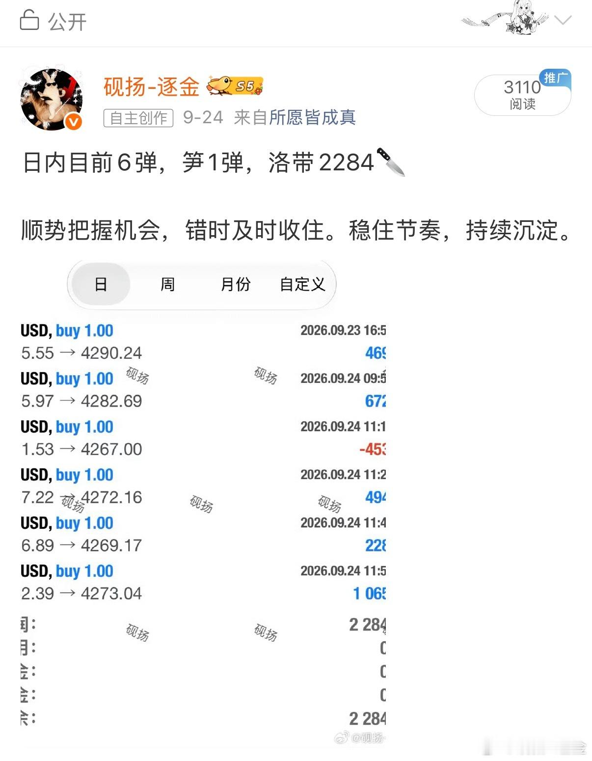 本周落幕，有收获亦有波折。顺势而为，错时止损，在波动里打磨心态。不追求次次顺遂，