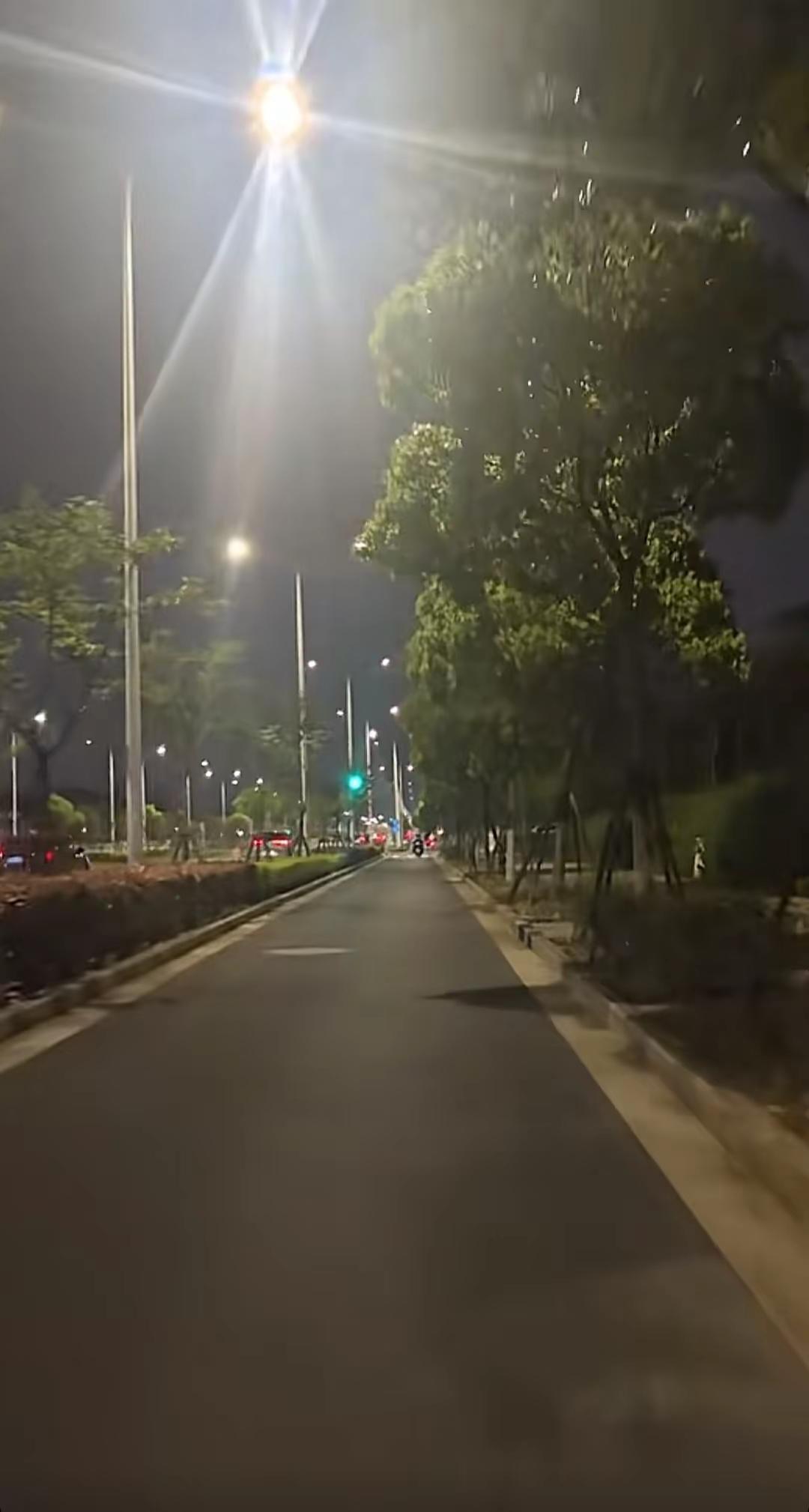 夜晚风景，路灯很亮， 一个人静静的走在路上，享受那份孤独。