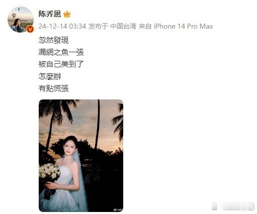 陈乔恩被自己的婚纱照美到了 都说结婚的女人笑容都是甜的[哈哈][哈哈] 