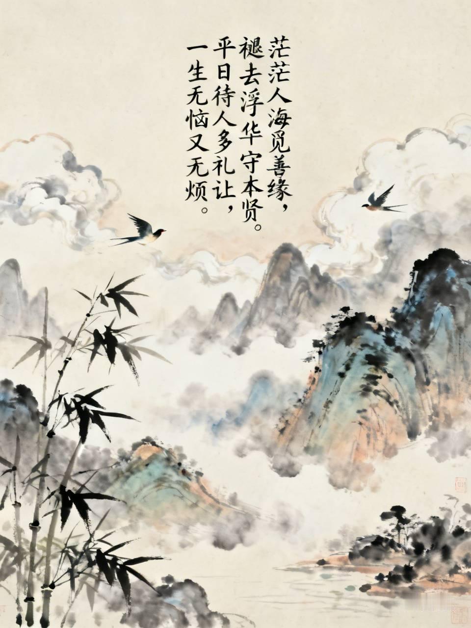 茫茫人海觅善缘，
褪去浮华守本贤。
平日待人多礼让，
一生无恼又无烦。