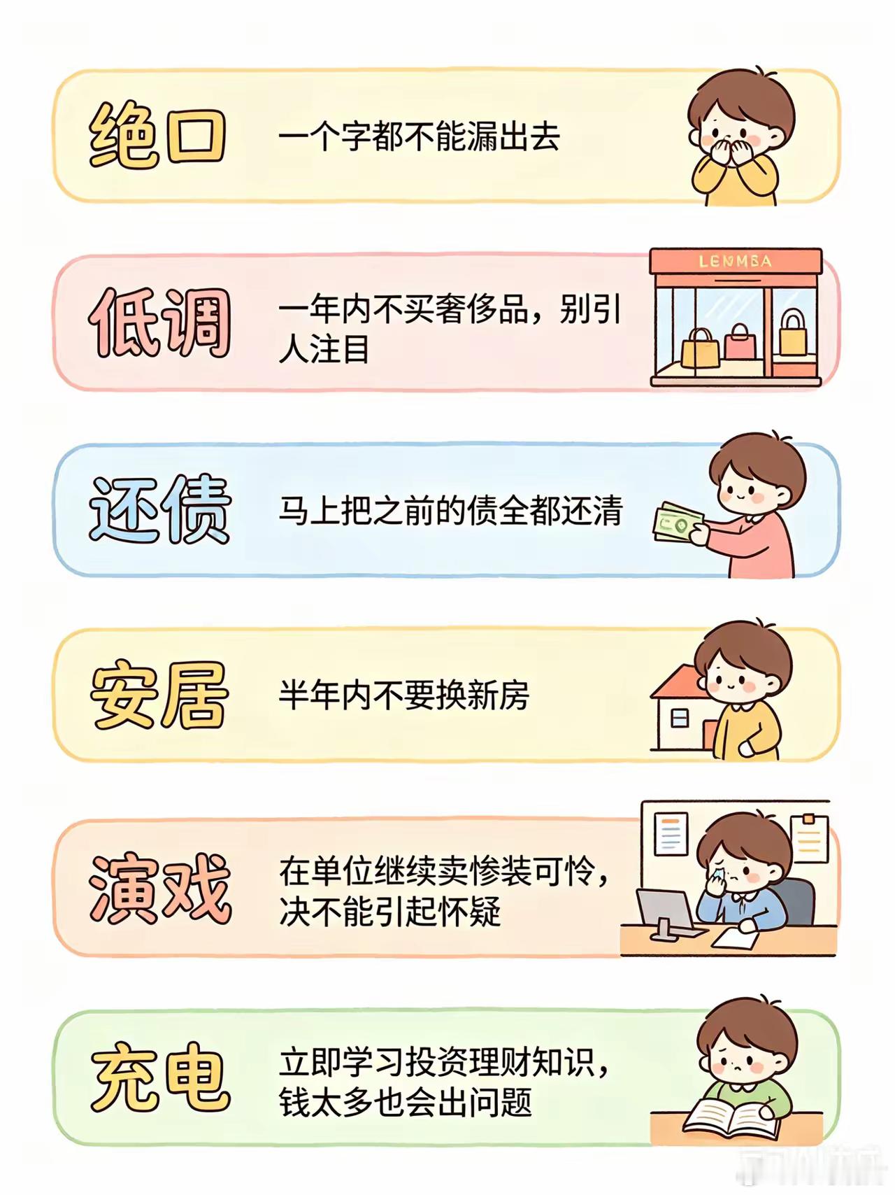 在股市里大赚之后要做的6件事；第一：绝口，一个字都不能漏出去第二：低调，一年内不