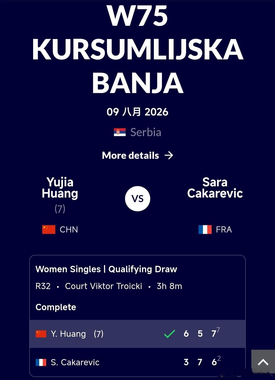 W75库尔舒姆利亚站🇷🇸资格赛第1轮黄裕迦🇨🇳6-3/5-7/7-6(2