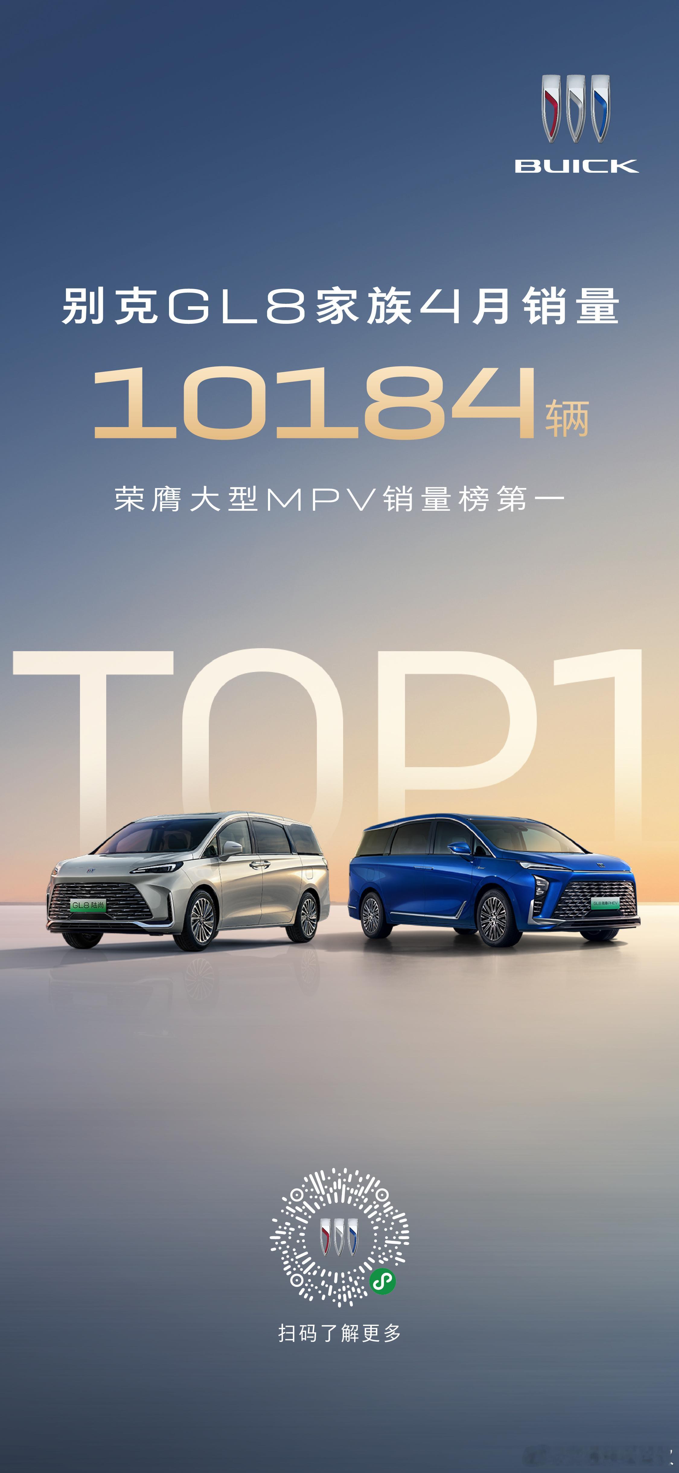 别克GL8家族4月销量10,184辆，同比、环比均实现2位数增长，荣膺MPV市场