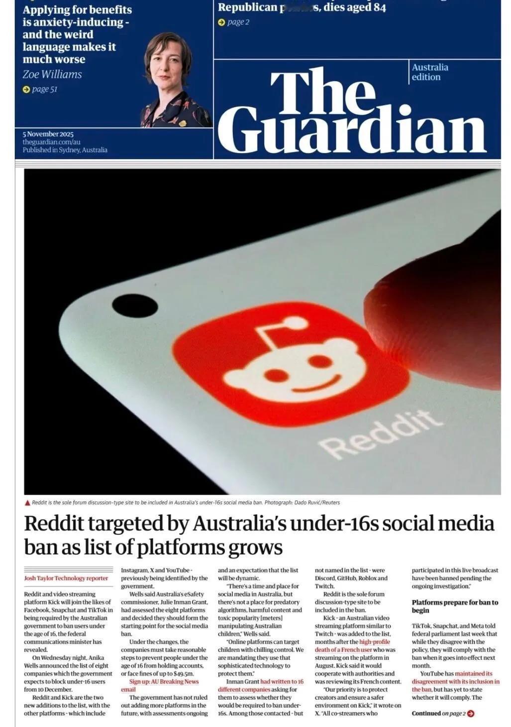 《卫报》头版报道称，澳大利亚已将留言板 Reddit 和直播服务 Kick 添加