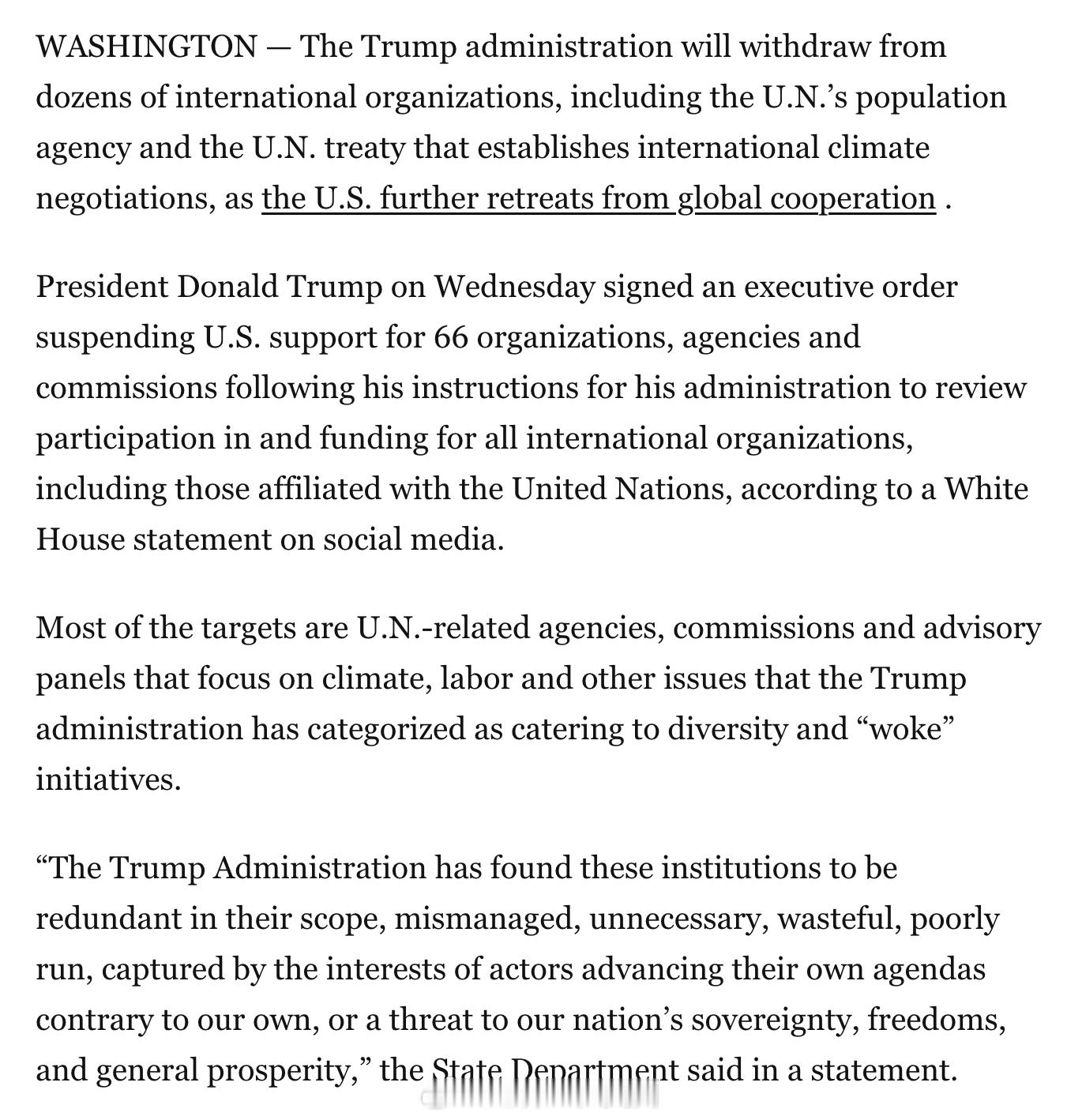 川普周三签署行政令，停止对包括联合国人口基金、联合国气候变化框架公约在内的66个