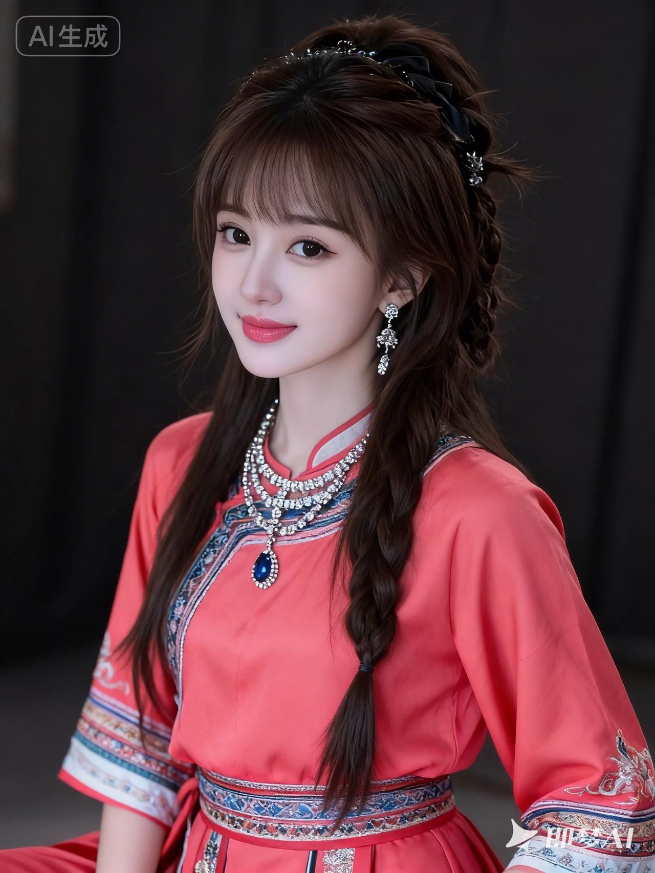 穿着嫩红色民族风套装服饰装。优雅。青春。