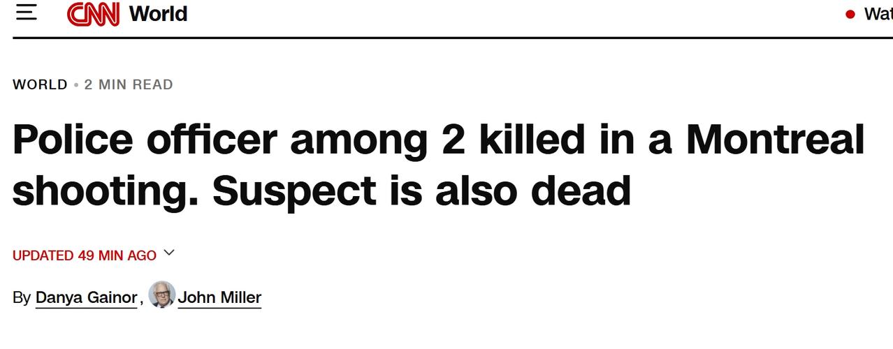加拿大警察被枪手伏击，1死1伤，嫌疑人也被击毙
当地时间周一下午，在加拿大魁北克