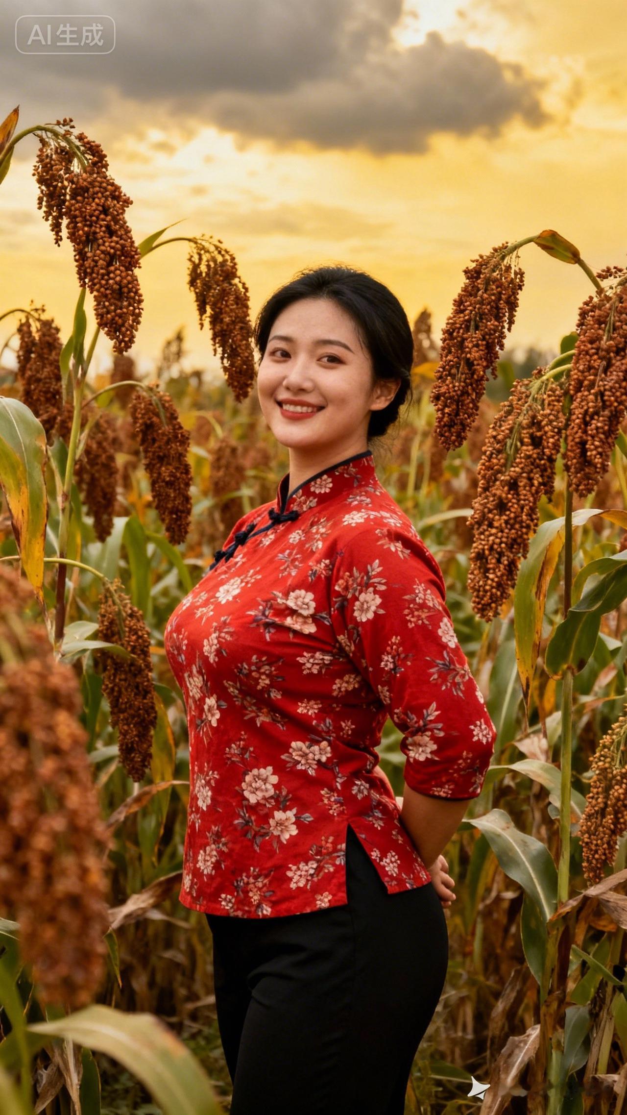 秋日田野里的红衣少女，笑靥如花，与丰收的玉米相映成趣。