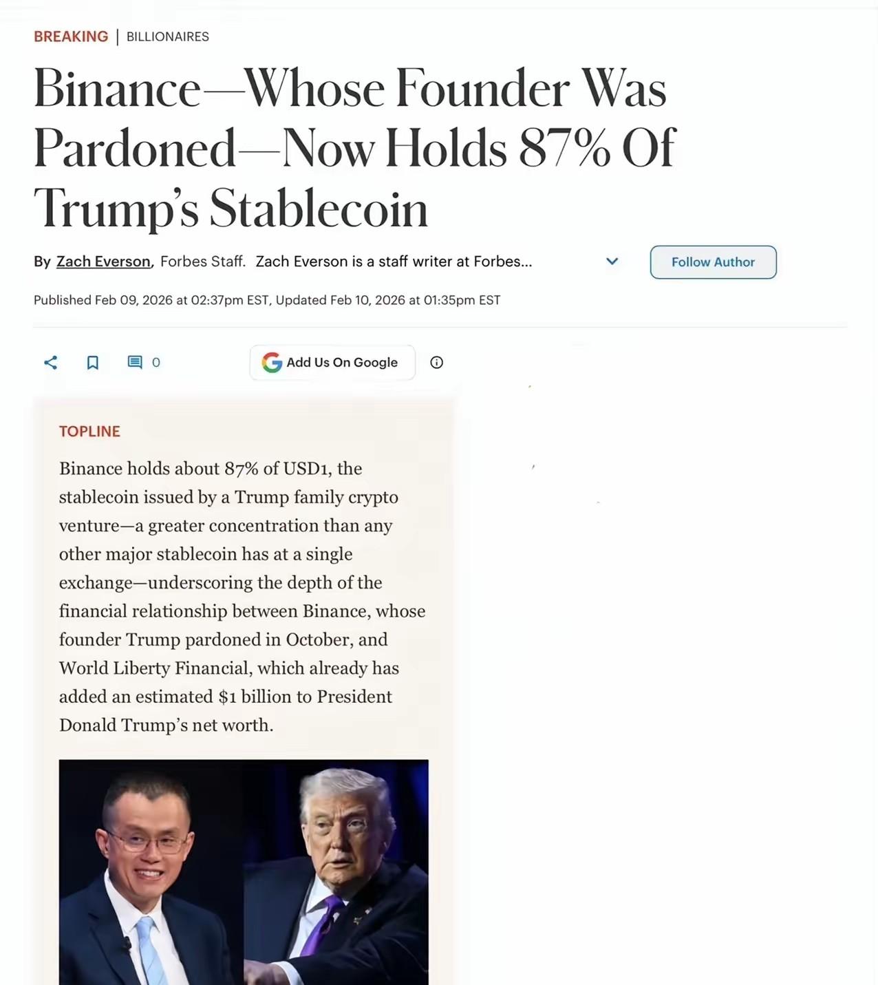 据《福布斯》报道，币安公司持有“世界自由金融”稳定币54亿美元供应量中的47亿美