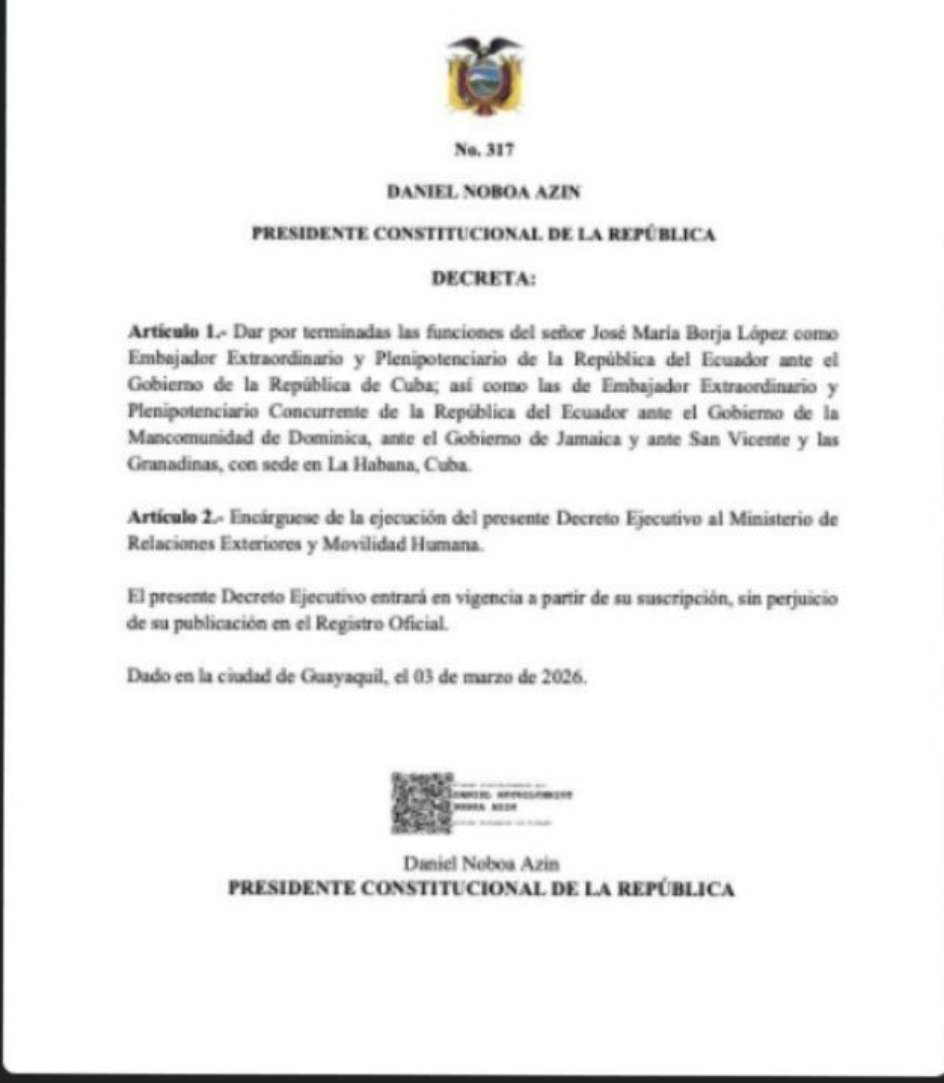 厄瓜多尔宣布古巴大使为不受欢迎的人，并要求古巴独裁政权的所有外交人员在48小时内
