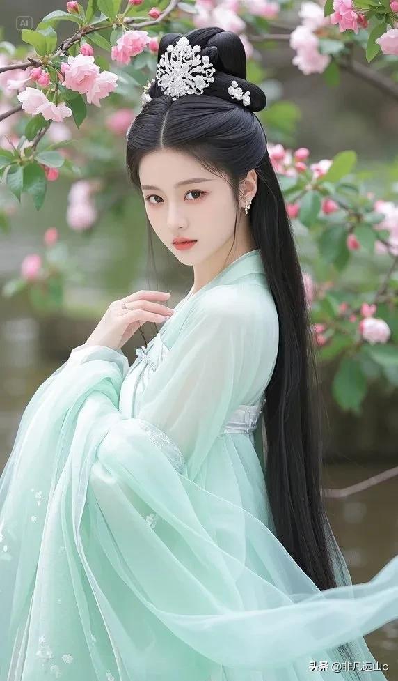 古风少女就像从画卷中走来的仙子。那精致的眉眼，眉间朱砂似火，眼眸藏星，抬眼垂目皆